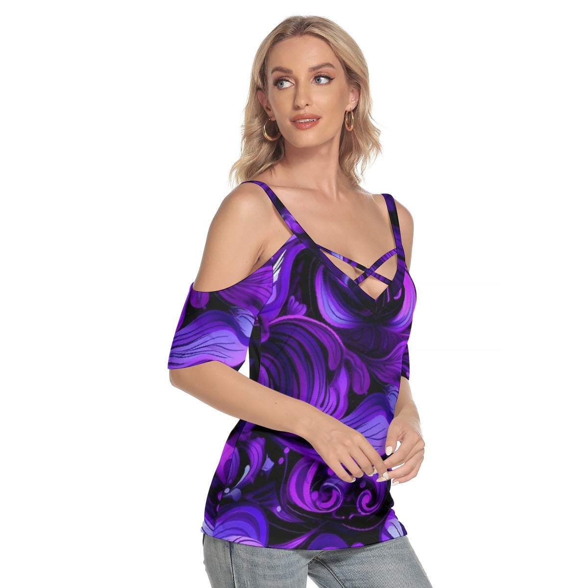 All-Over Print Women's Cold Shoulder T-shirt With Criss Cross Strips