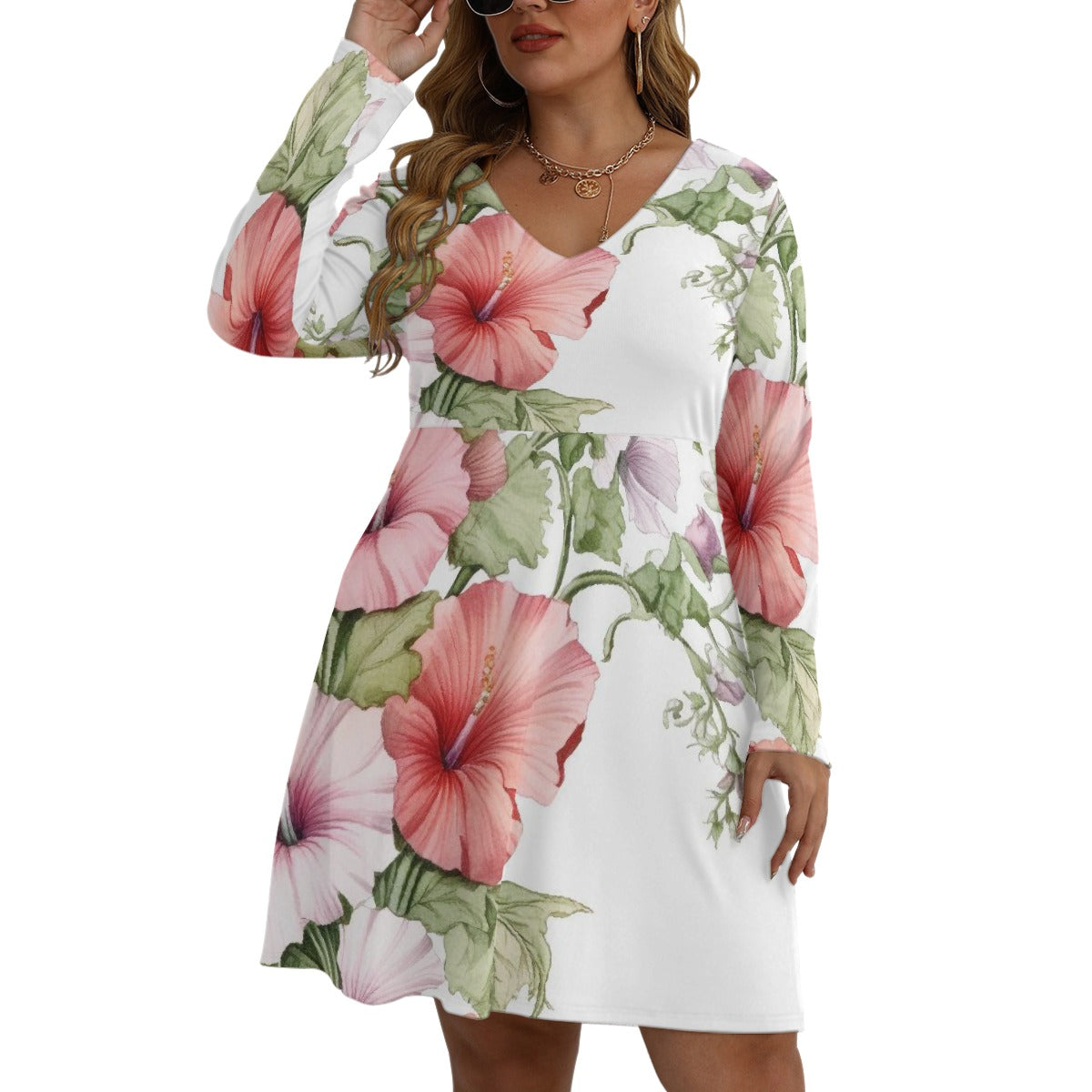 All-Over Print Women's V-neck Long Sleeve Dress(Plus Size)