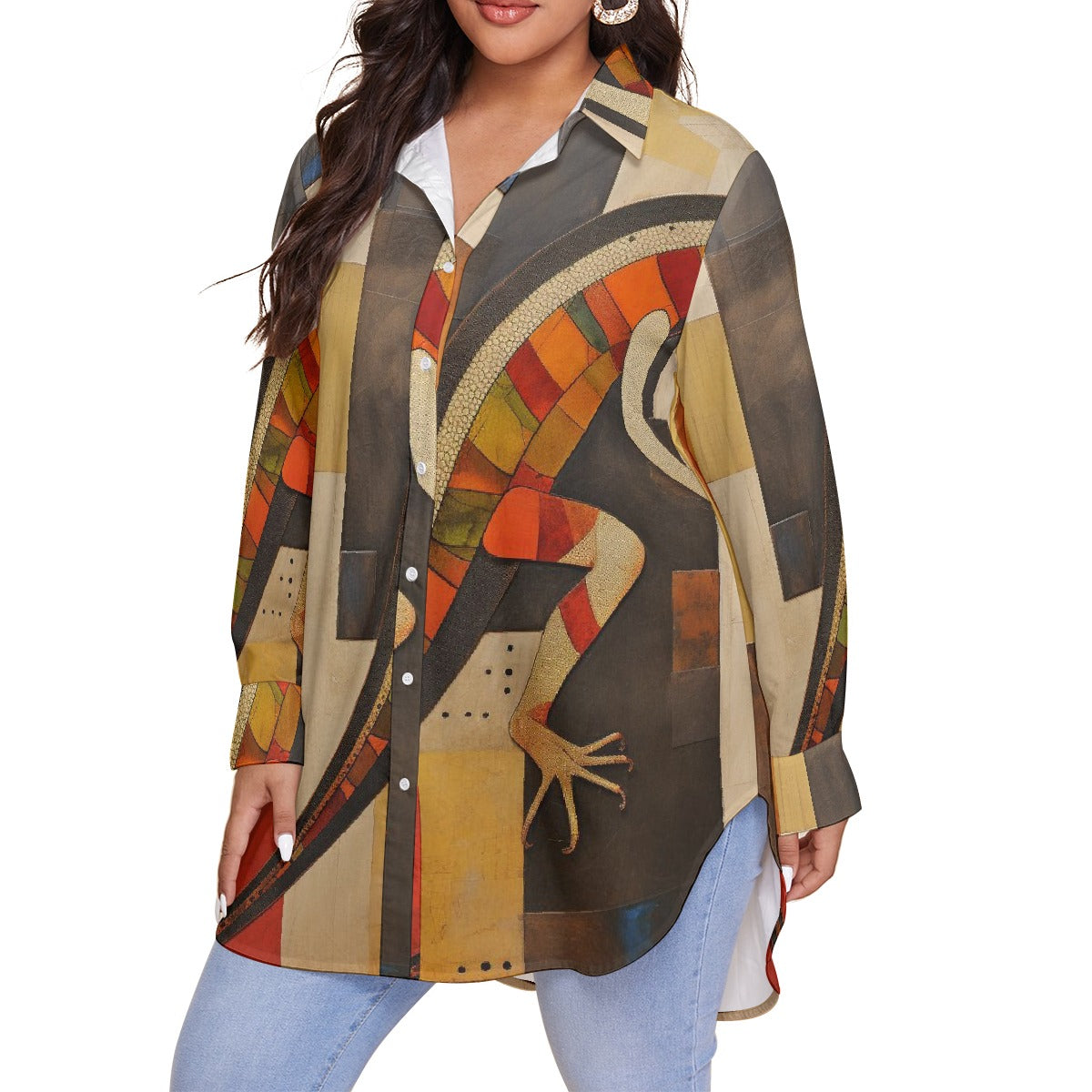 All-Over Print Women's Shirt With Long Sleeve(Plus Size)