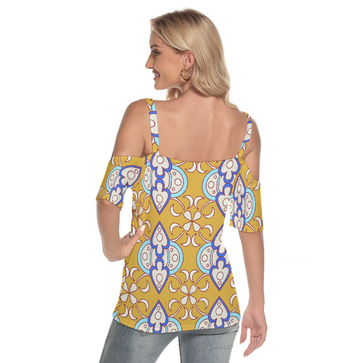 All-Over Print Women's Cold Shoulder T-shirt With Criss Cross Strips