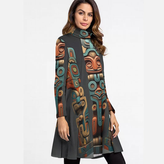 All-Over Print Women's High Neck Dress With Long Sleeve