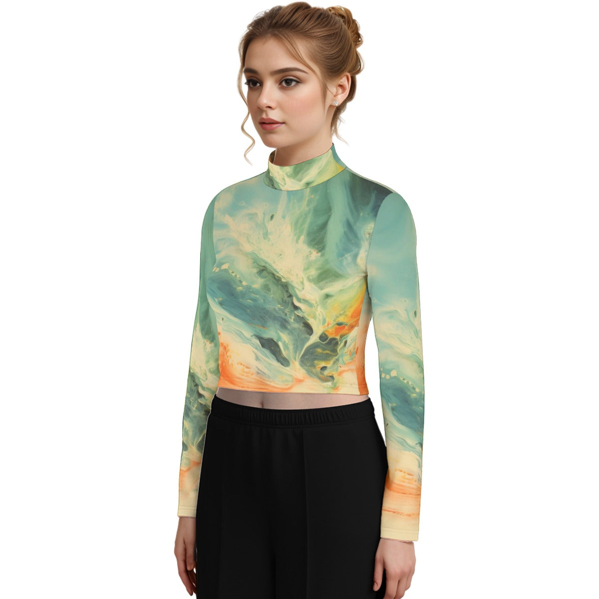 Eco-Friendly All-Over Print Women's Turtleneck T-shirt With Long Sleeve