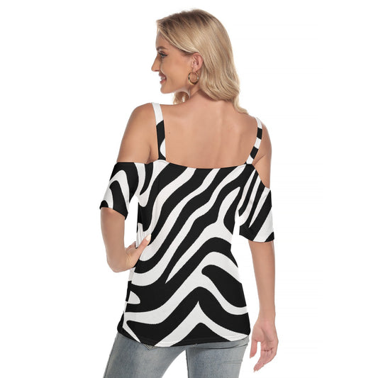 All-Over Print Women's Cold Shoulder T-shirt With Criss Cross Strips