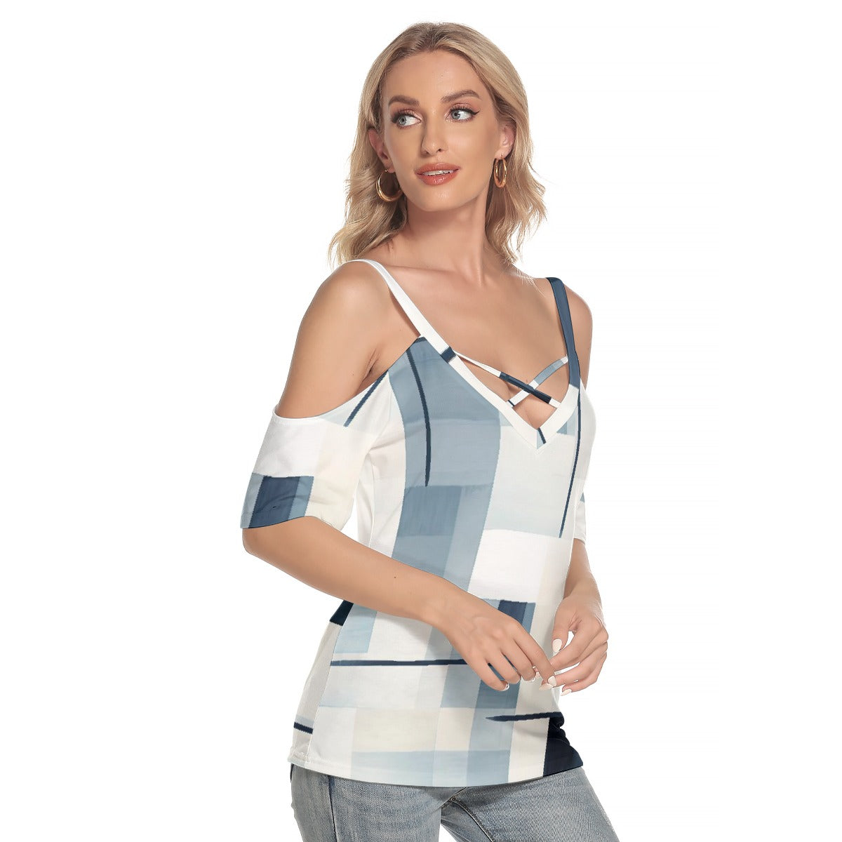 All-Over Print Women's Cold Shoulder T-shirt With Criss Cross Strips