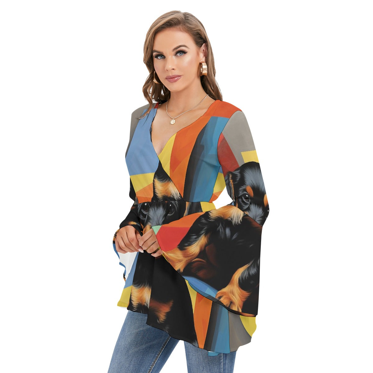 All-Over Print Women's V-neck Blouse With Flared Sleeves