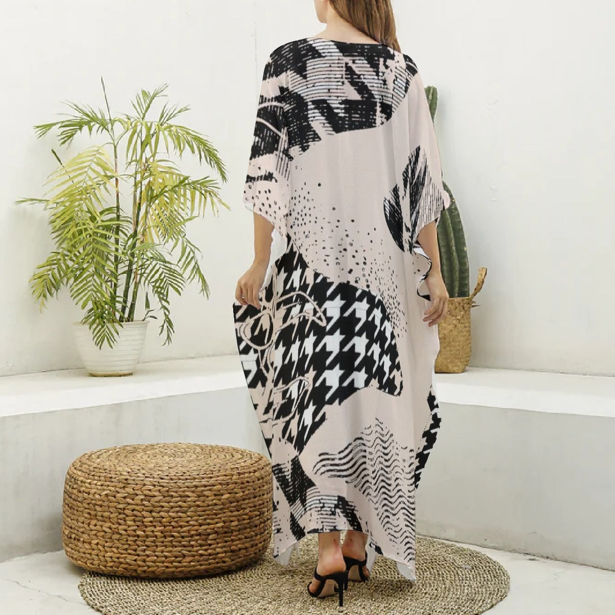 All-Over Print Women's Imitation Silk V-neck Kaftan Robe