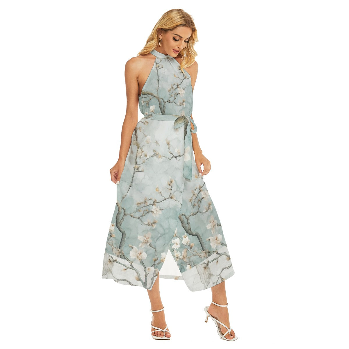 All-Over Print Women's Wrap Hem Belted Halter Dress