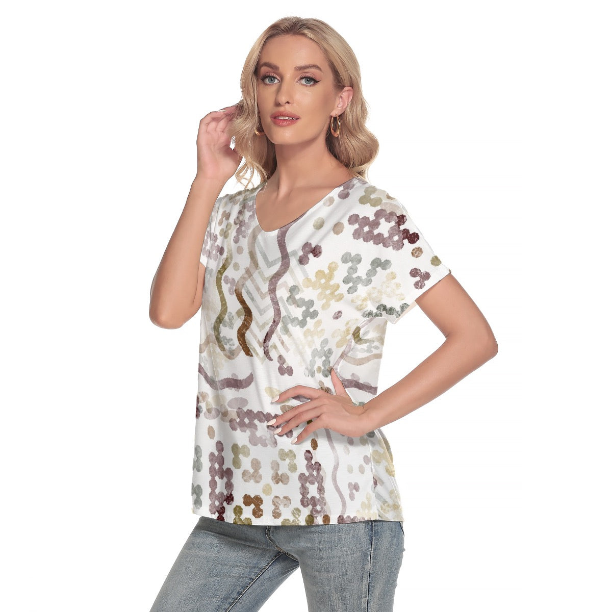 All-Over Print Women's Loose V-neck Short Sleeve T-shirt