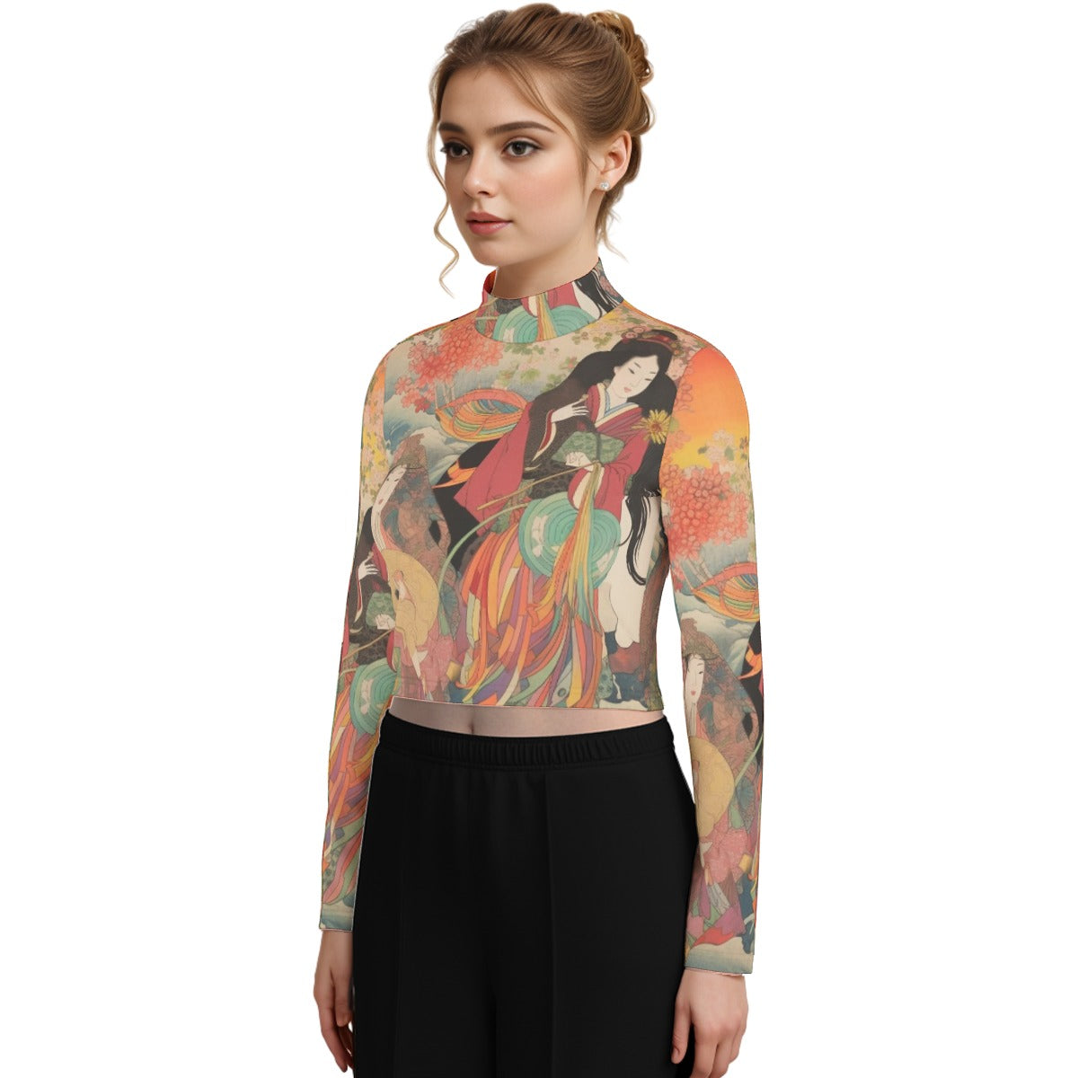 Eco-Friendly All-Over Print Women's Turtleneck T-shirt With Long Sleeve