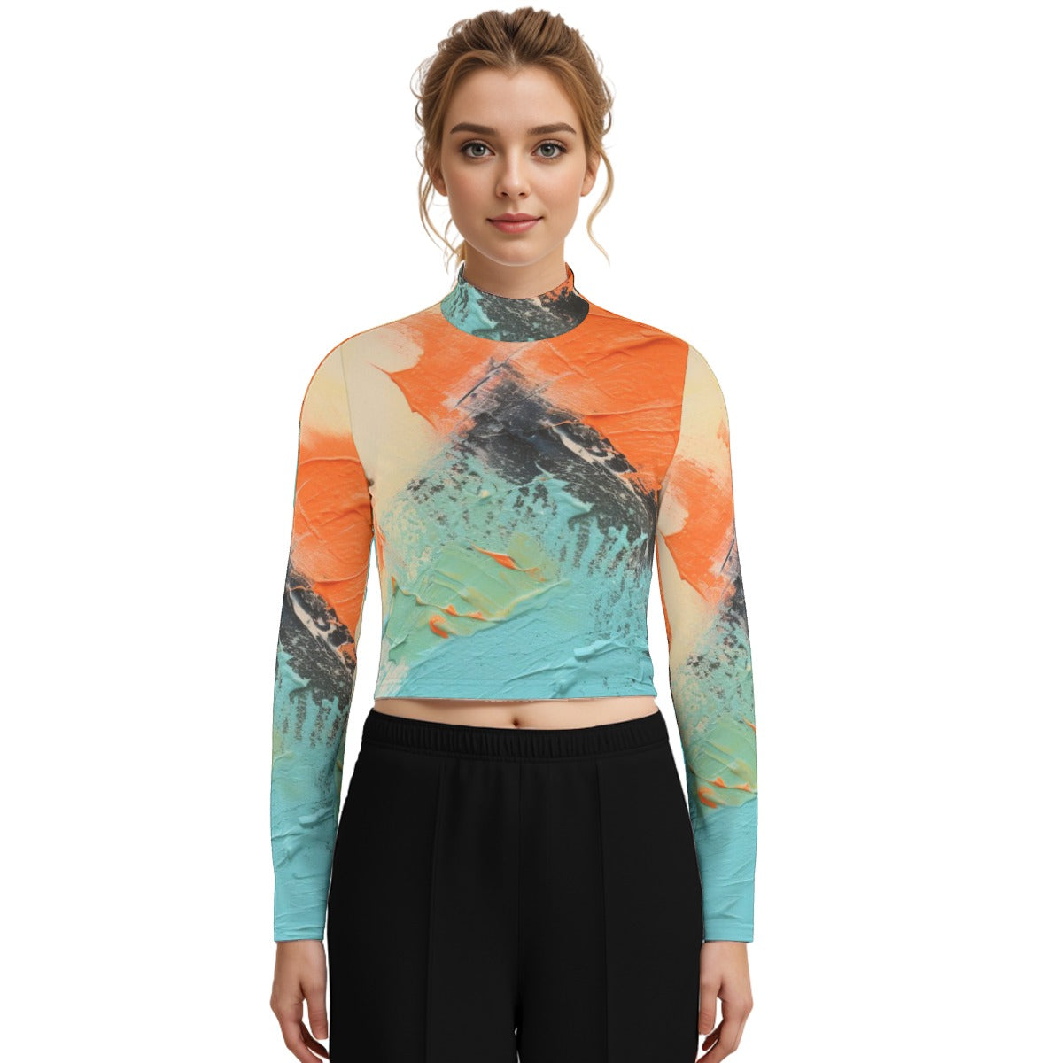 Eco-Friendly All-Over Print Women's Turtleneck T-shirt With Long Sleeve