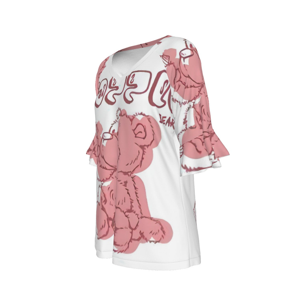 All-Over Print V-neck Women's T-shirt With Bell Sleeve