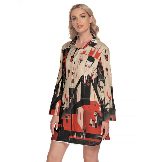 All-Over Print Women's Lapel Shirt Dress With Long Sleeve