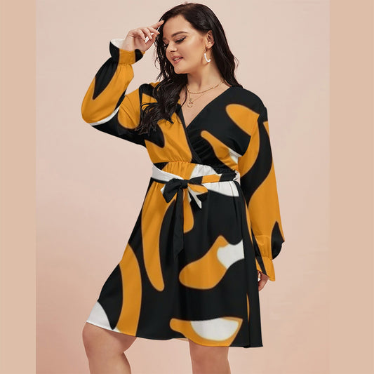 All-Over Print Women's V-neck Dress With Waistband(Plus Size)