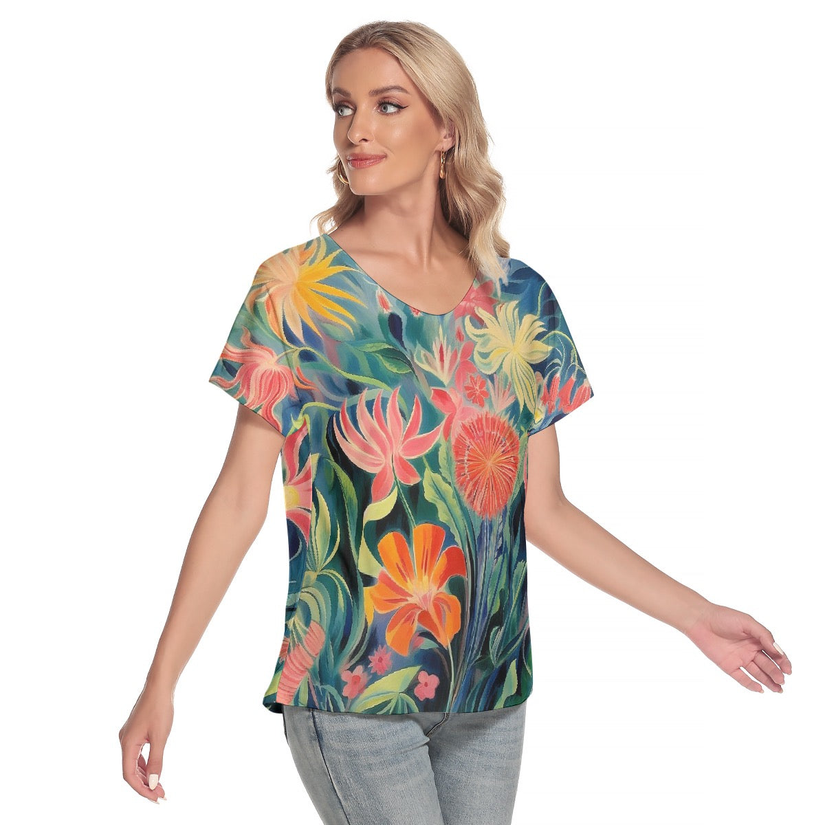 All-Over Print Women's Loose V-neck Short Sleeve T-shirt