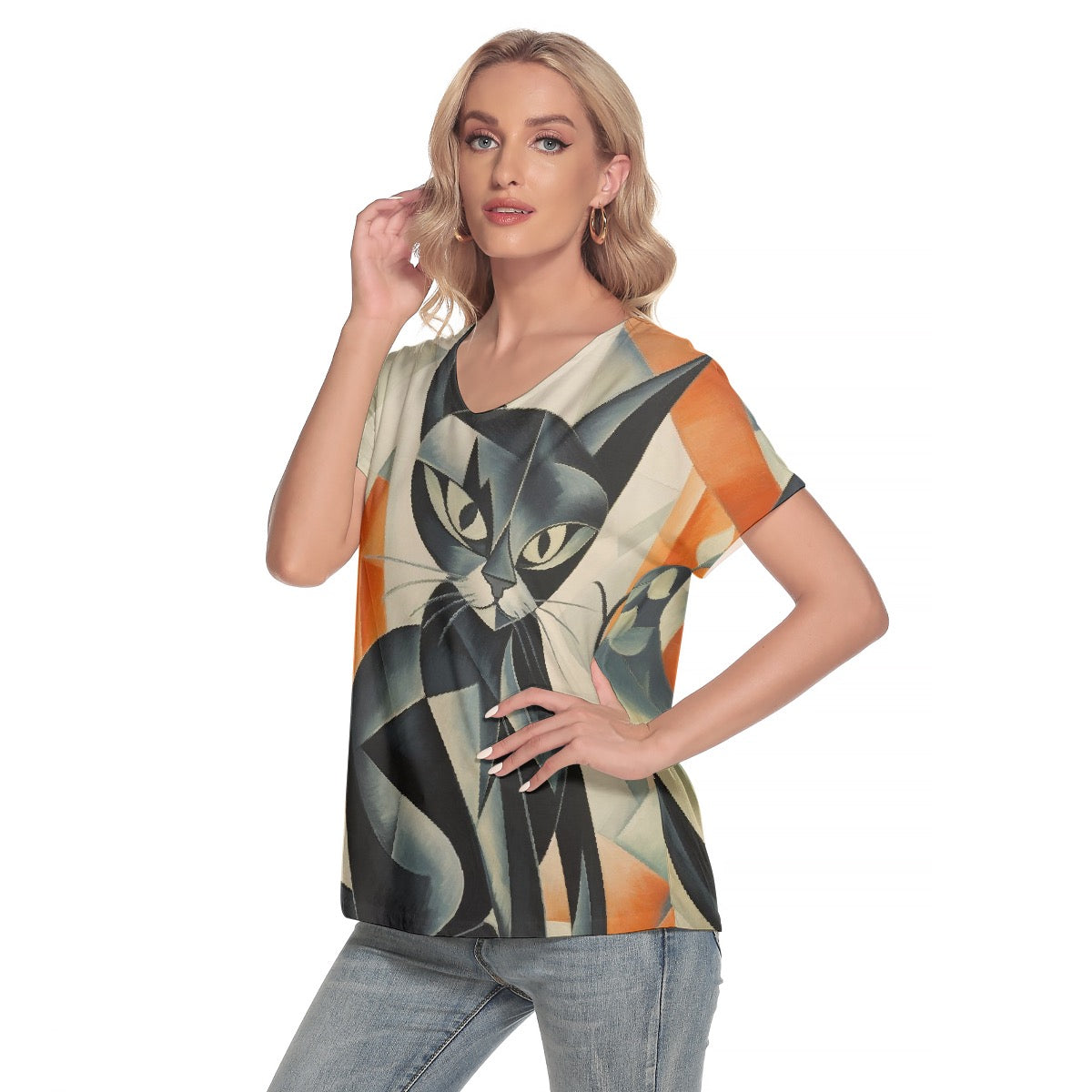 All-Over Print Women's Loose V-neck Short Sleeve T-shirt