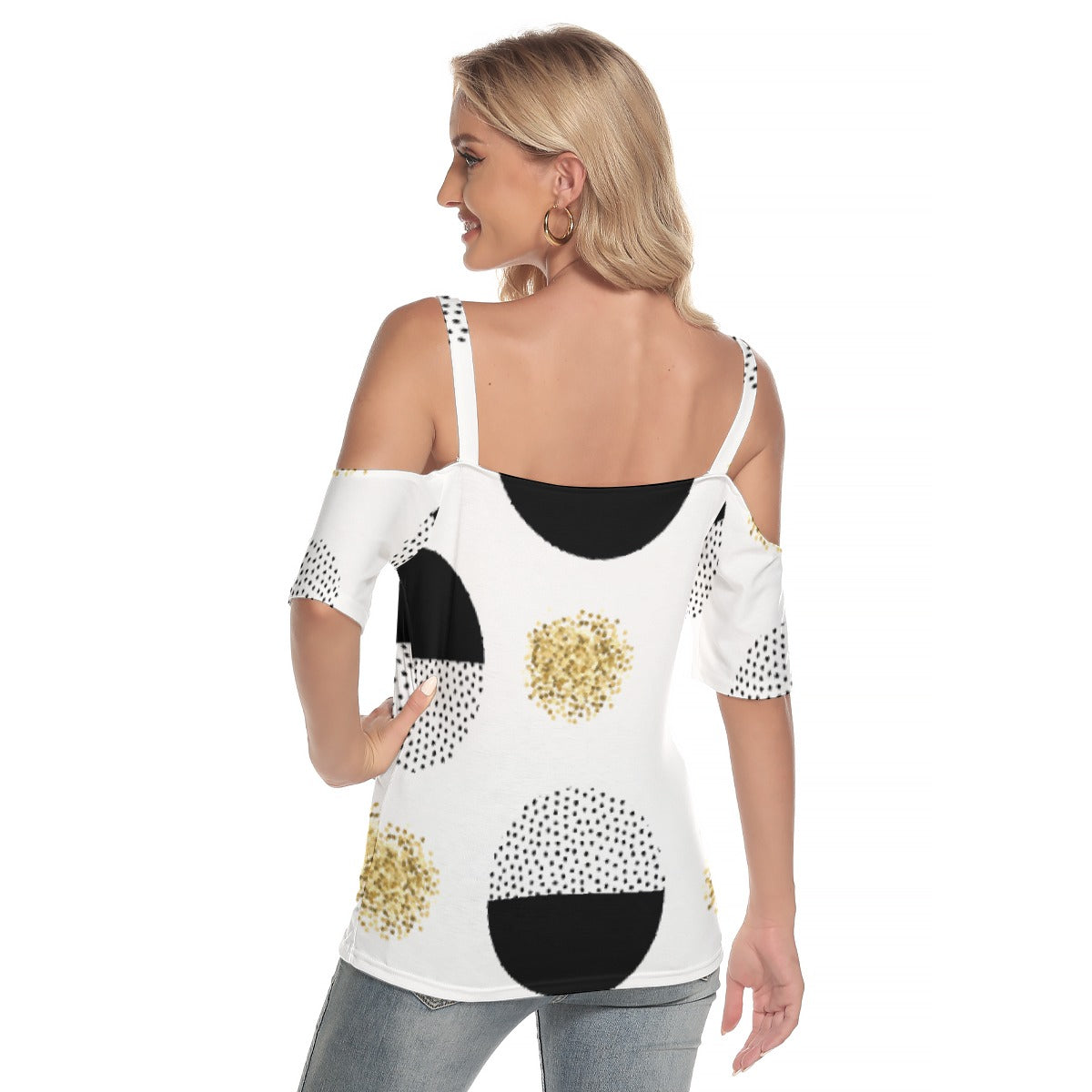 All-Over Print Women's Cold Shoulder T-shirt With Criss Cross Strips