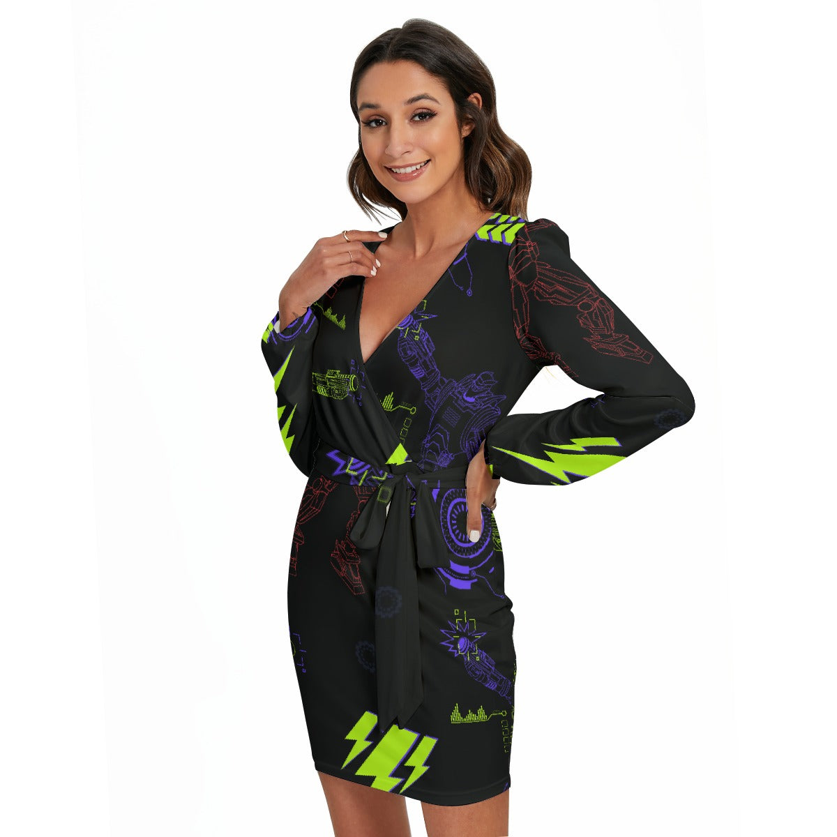 All-Over Print Women's Long Sleeve Dress With Waist Belt