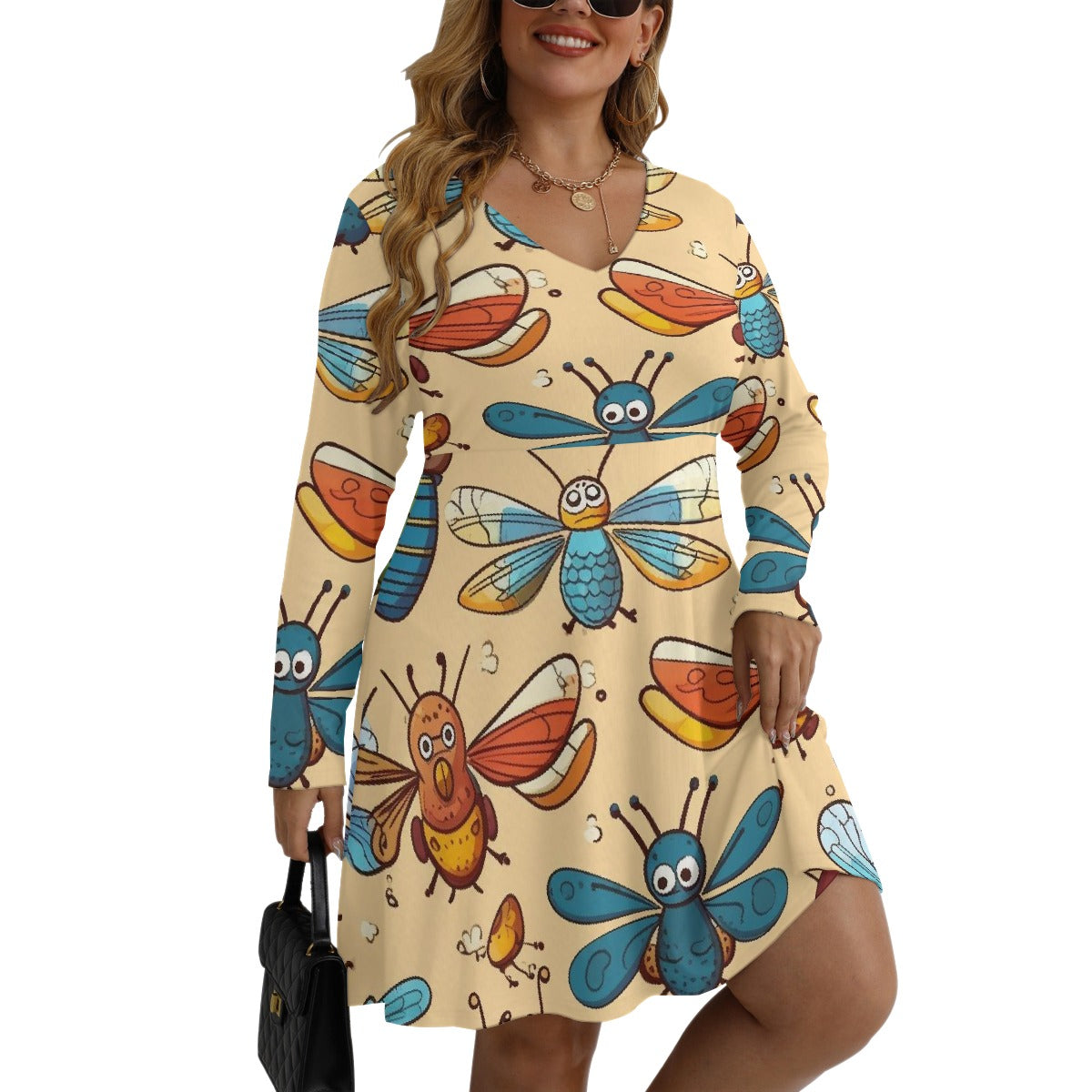 All-Over Print Women's V-neck Long Sleeve Dress(Plus Size)