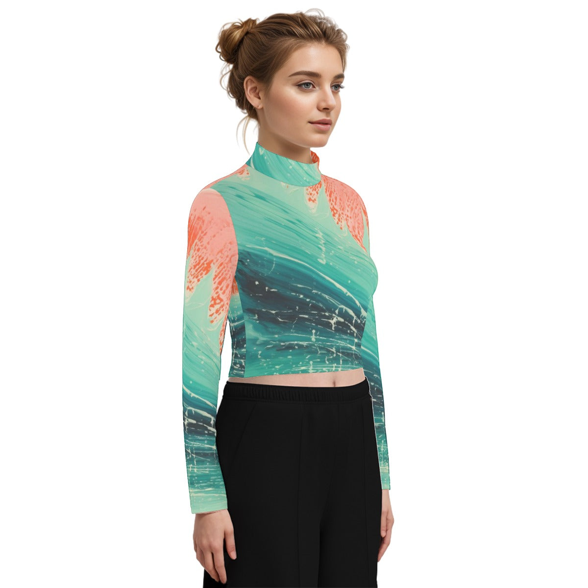 Eco-Friendly All-Over Print Women's Turtleneck T-shirt With Long Sleeve