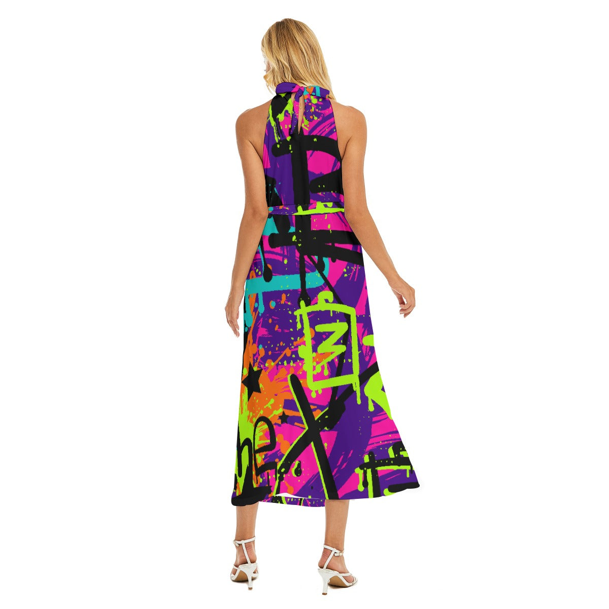 All-Over Print Women's Wrap Hem Belted Halter Dress