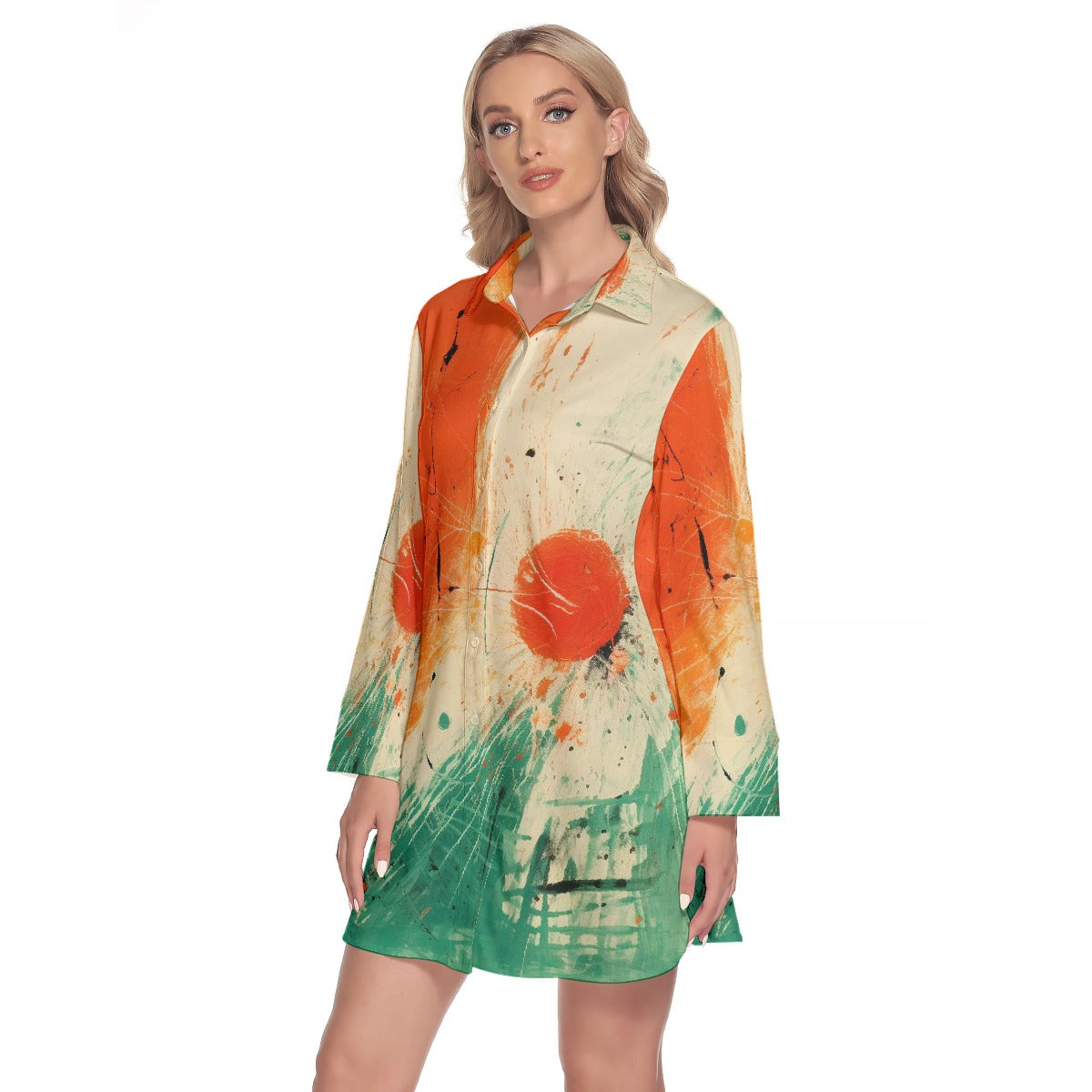 All-Over Print Women's Lapel Shirt Dress With Long Sleeve