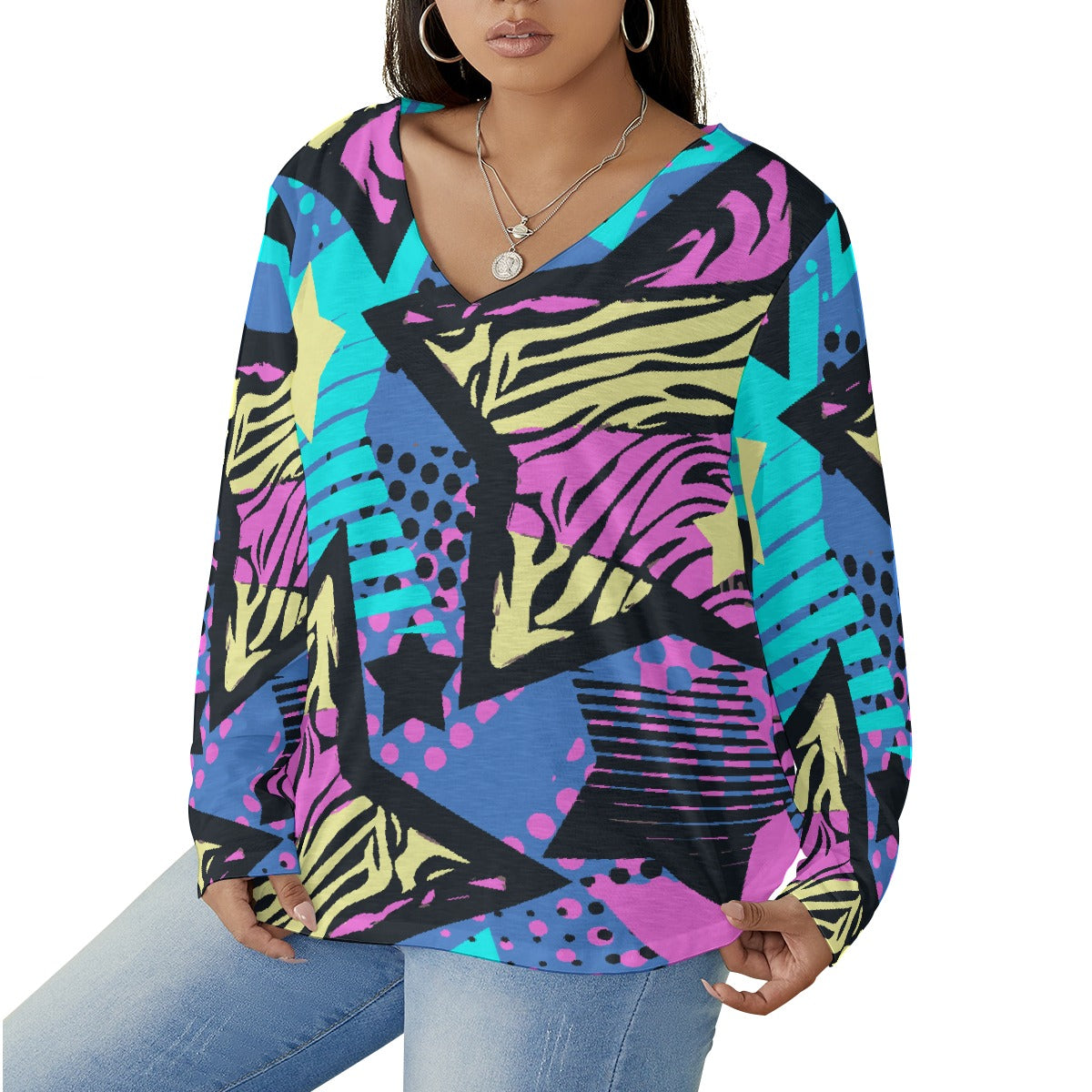 All-Over Print Women's V-neck T-shirt With Curved Hem(Plus Size)