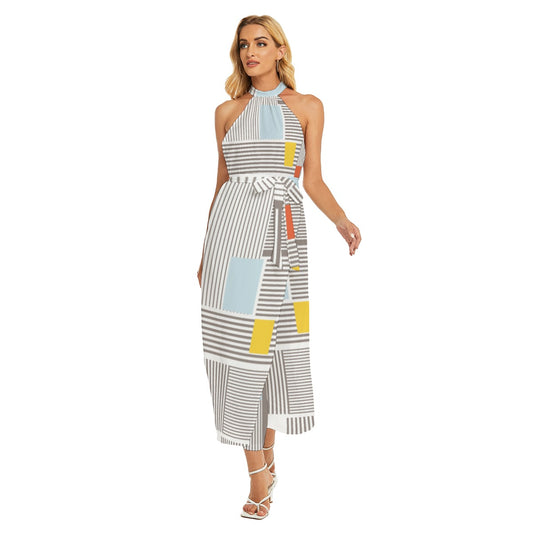 All-Over Print Women's Wrap Hem Belted Halter Dress