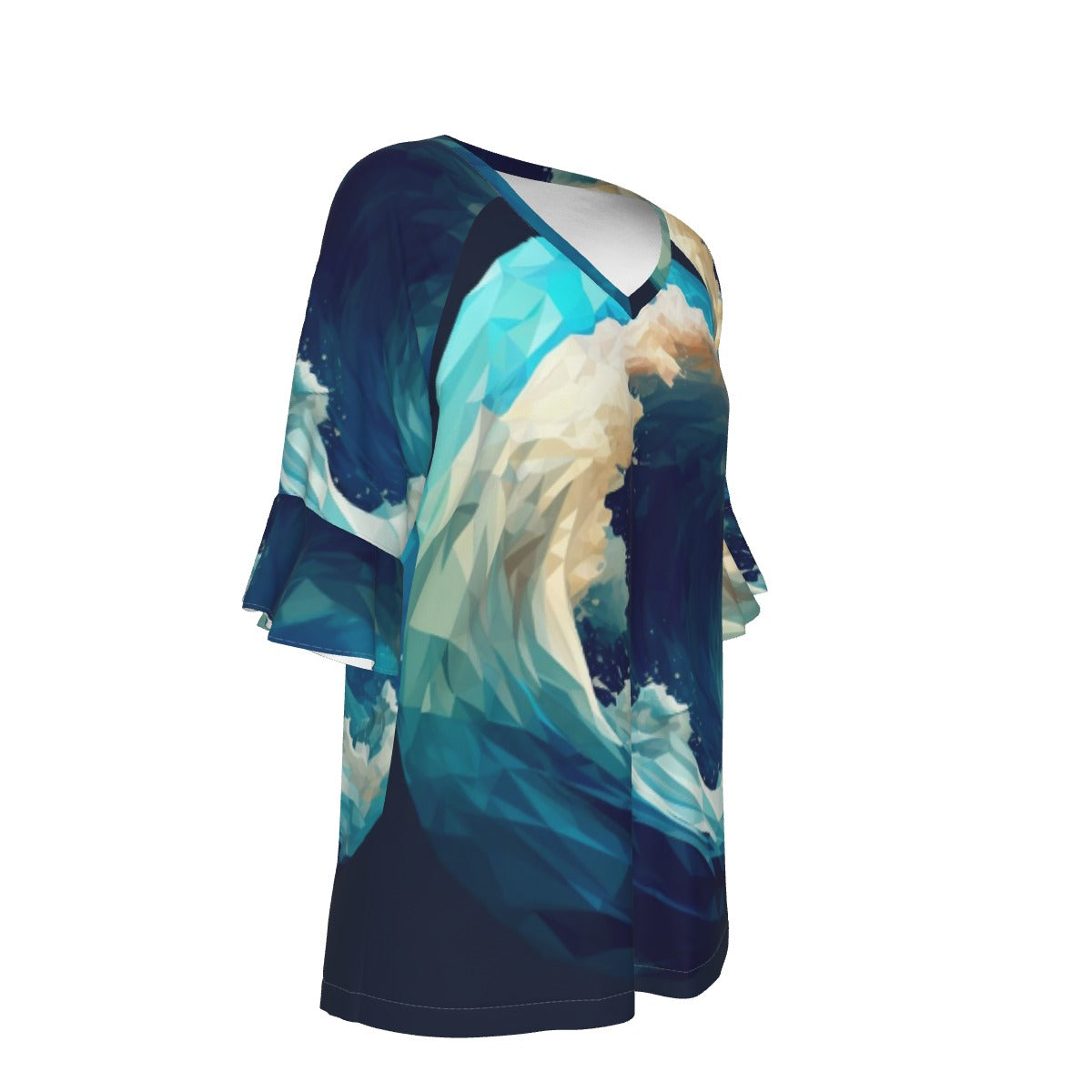 All-Over Print V-neck Women's T-shirt With Bell Sleeve