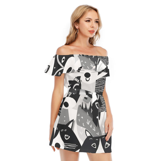 All-Over Print Women's Off-shoulder Dress With Ruffle