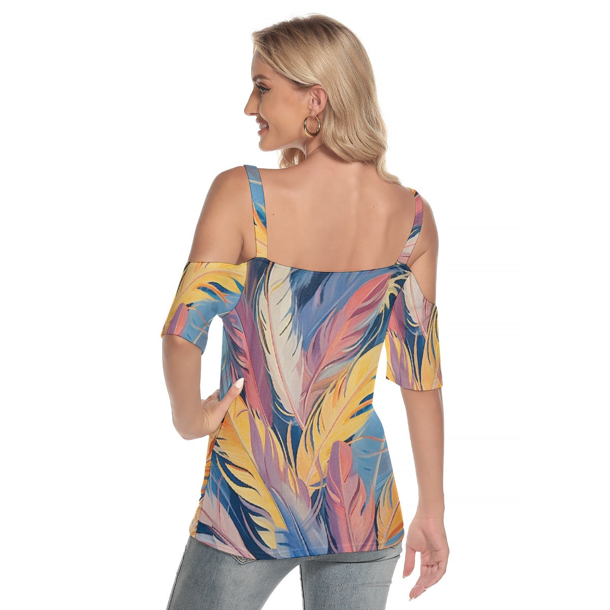 All-Over Print Women's Cold Shoulder T-shirt With Criss Cross Strips