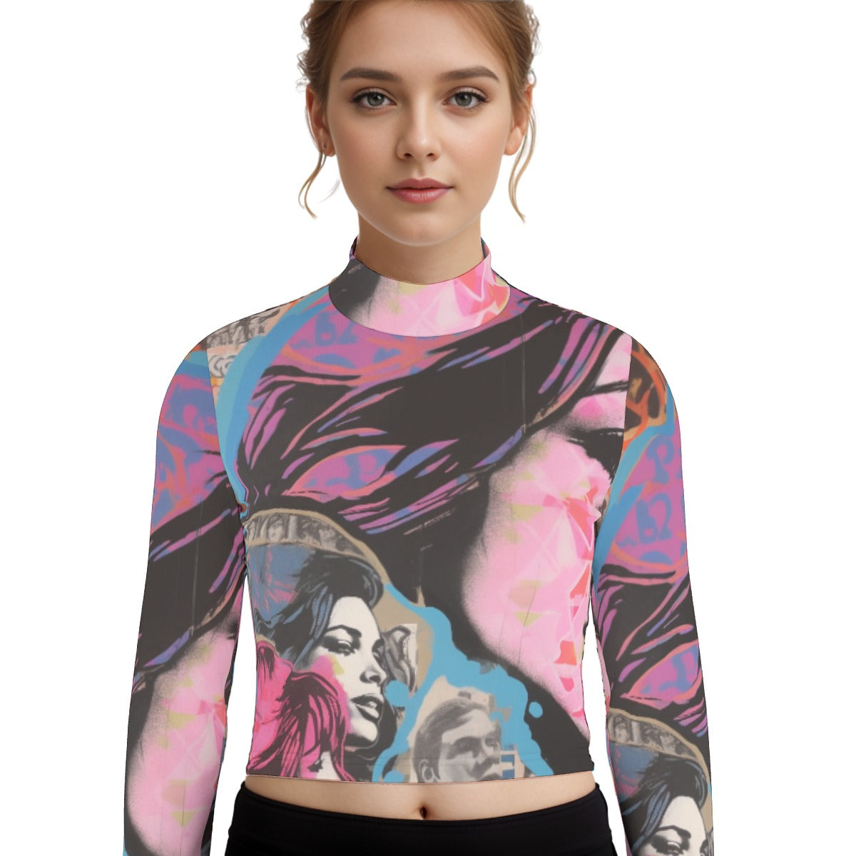 Eco-Friendly All-Over Print Women's Turtleneck T-shirt With Long Sleeve