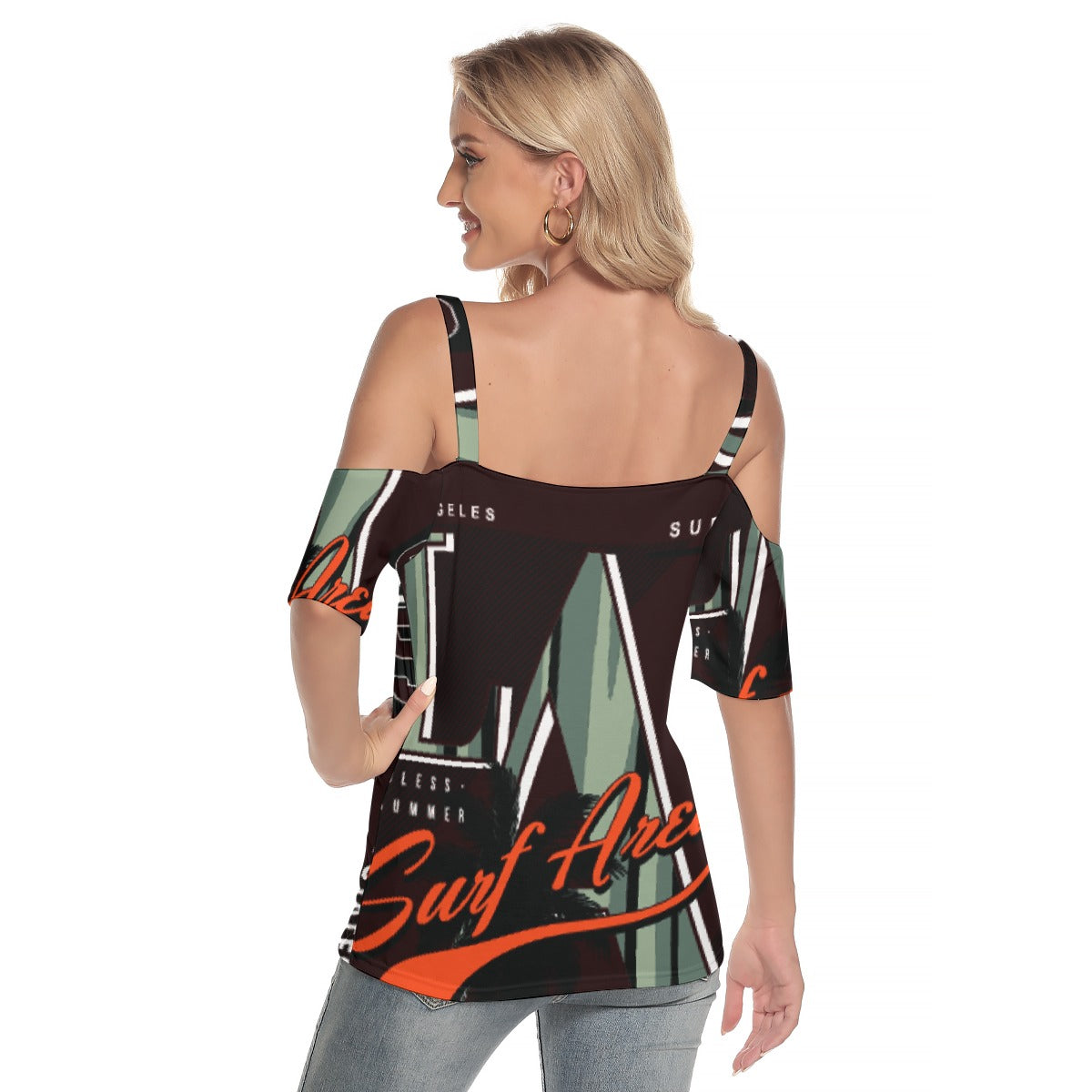 All-Over Print Women's Cold Shoulder T-shirt With Criss Cross Strips