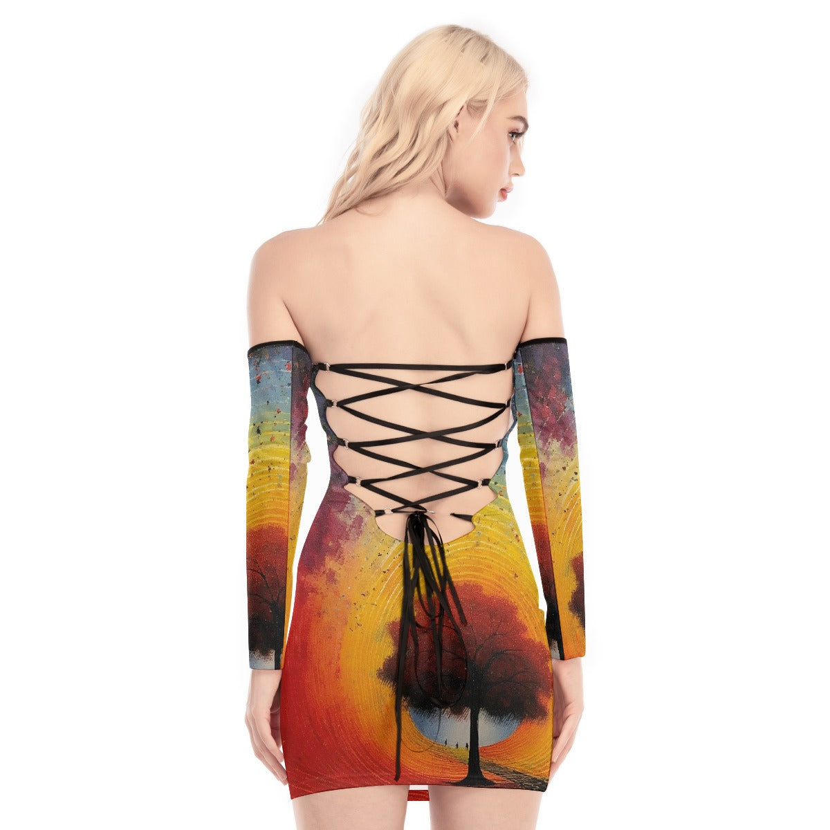 All-Over Print Women's Off-shoulder Back Lace-up Dress