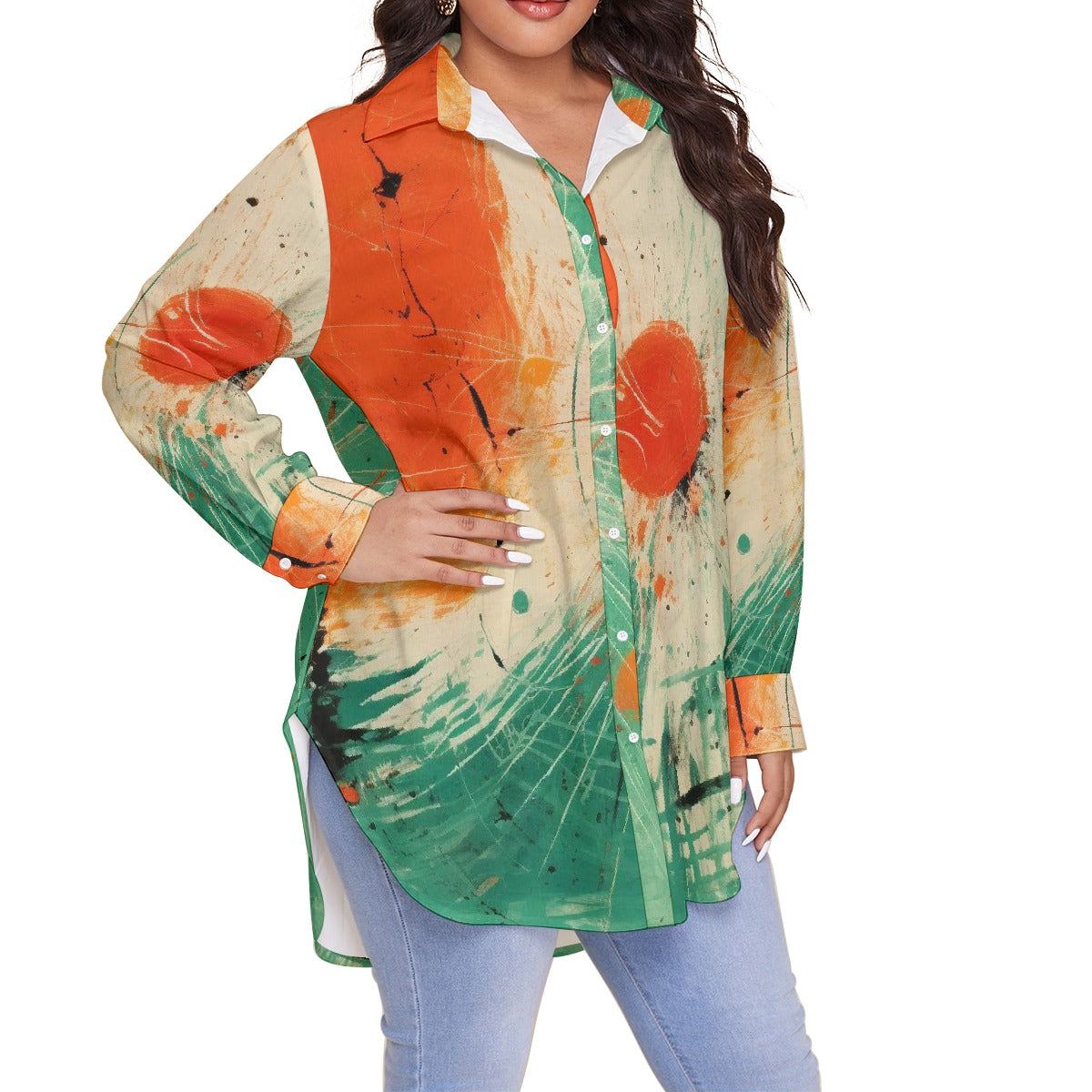 All-Over Print Women's Shirt With Long Sleeve(Plus Size)