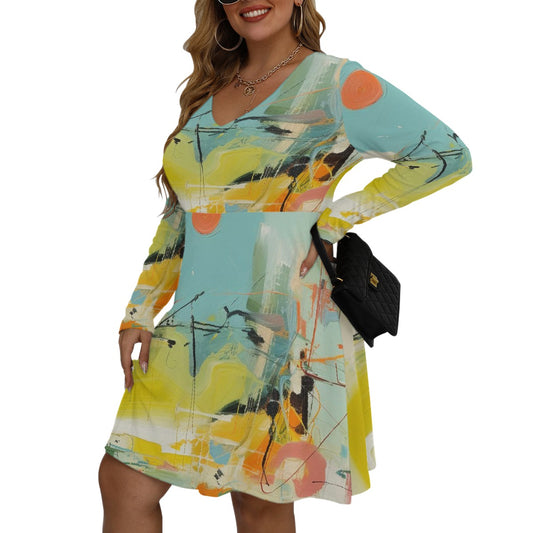 All-Over Print Women's V-neck Long Sleeve Dress(Plus Size)