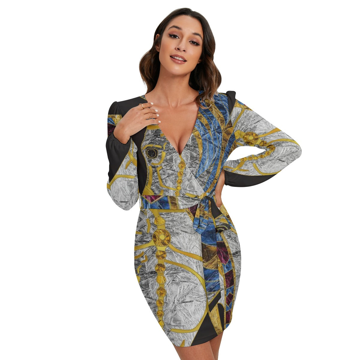 All-Over Print Women's Long Sleeve Dress With Waist Belt