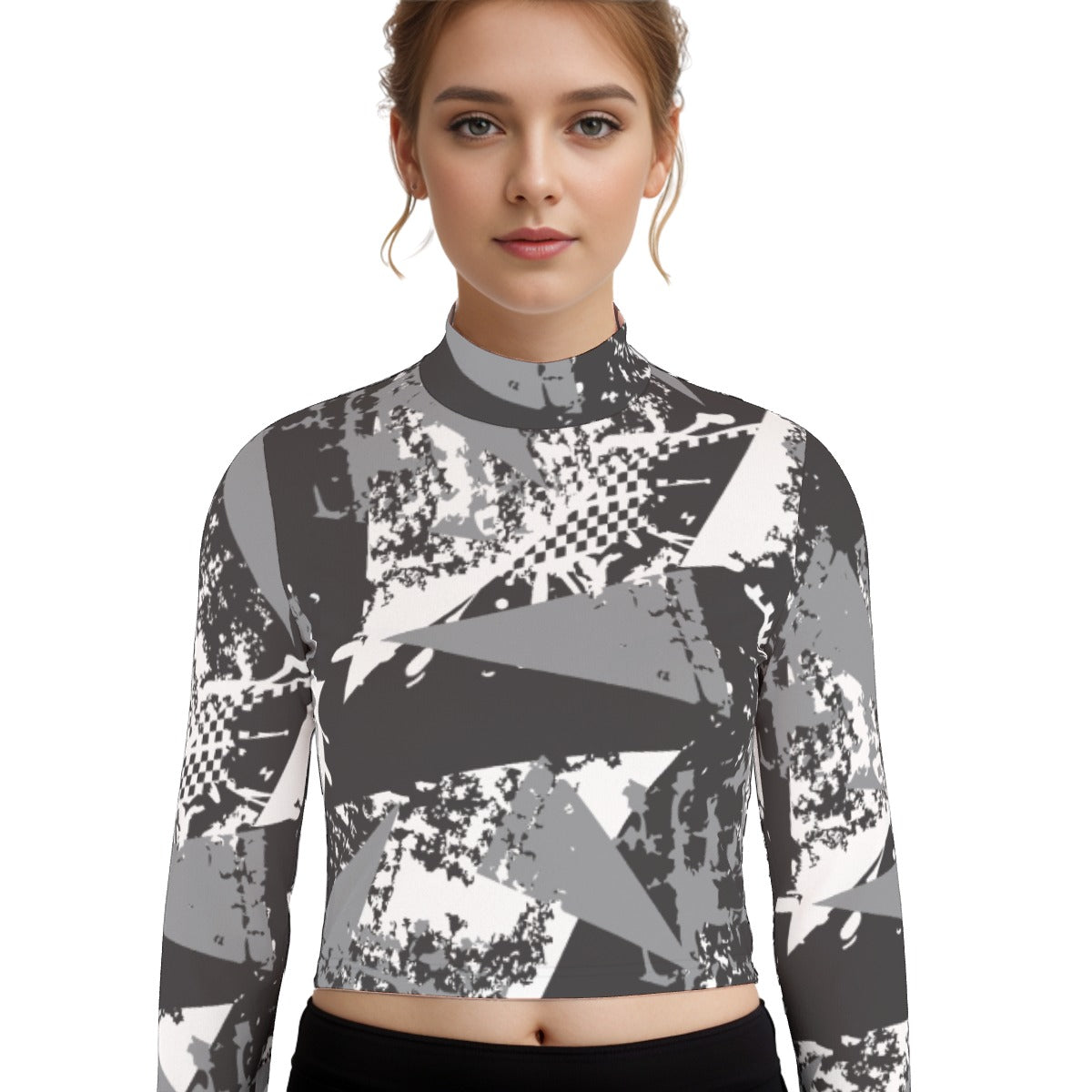 Eco-Friendly All-Over Print Women's Turtleneck T-shirt With Long Sleeve