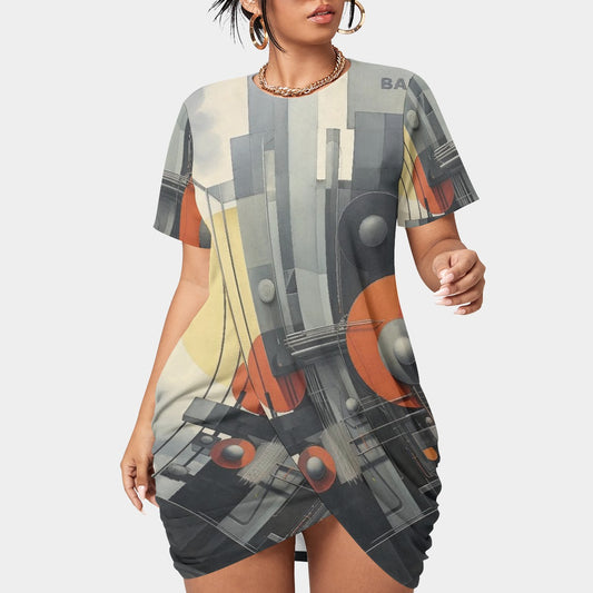 All-Over Print Women’s Stacked Hem Dress With Short Sleeve（Plus Size）