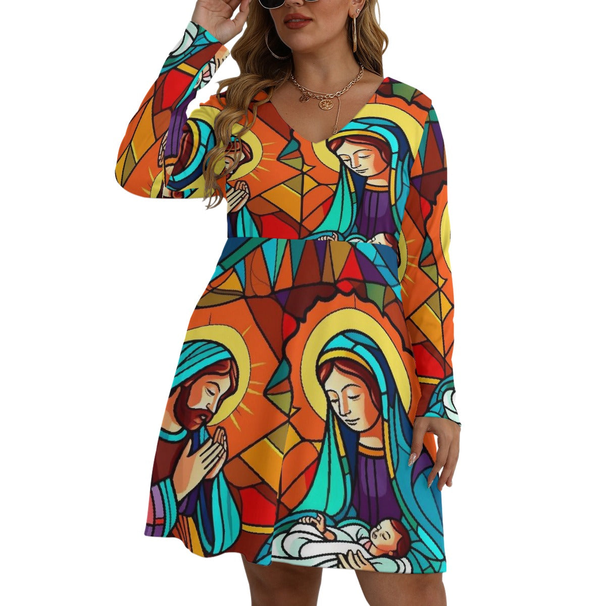 All-Over Print Women's V-neck Long Sleeve Dress(Plus Size)