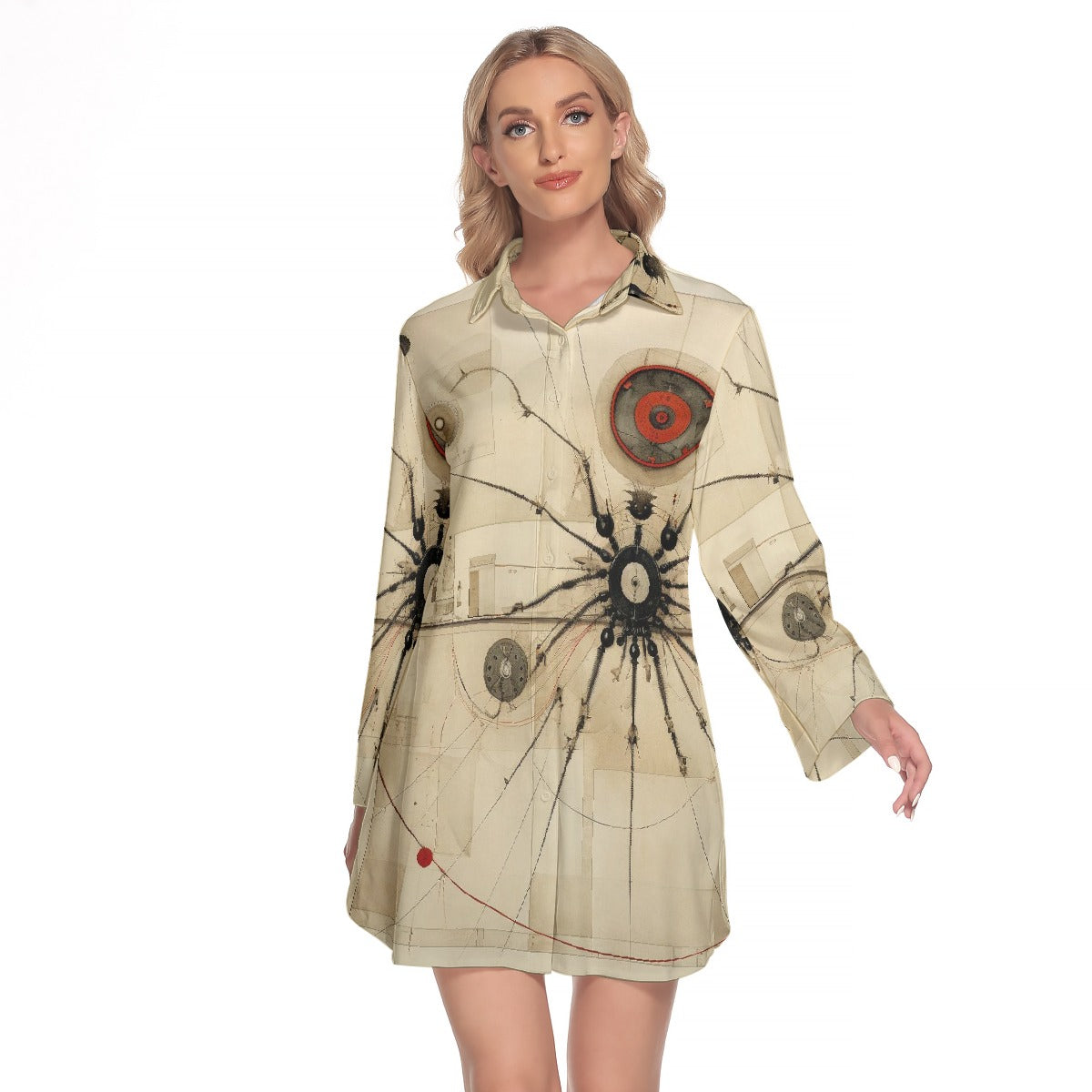 All-Over Print Women's Lapel Shirt Dress With Long Sleeve