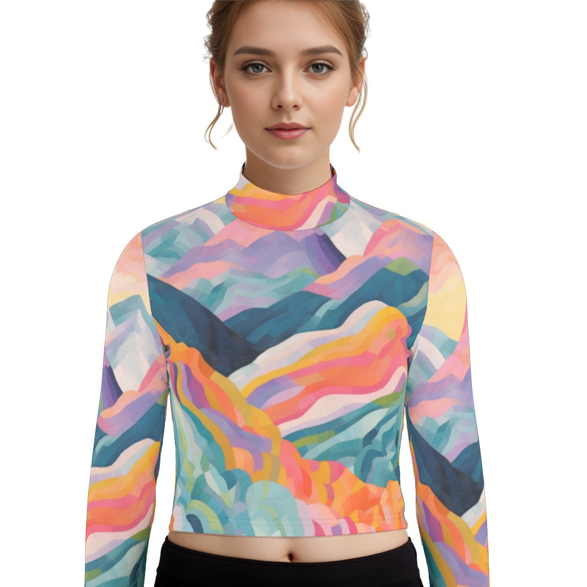 Eco-Friendly All-Over Print Women's Turtleneck T-shirt With Long Sleeve