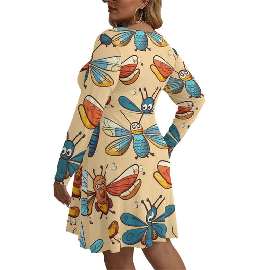 All-Over Print Women's V-neck Long Sleeve Dress(Plus Size)