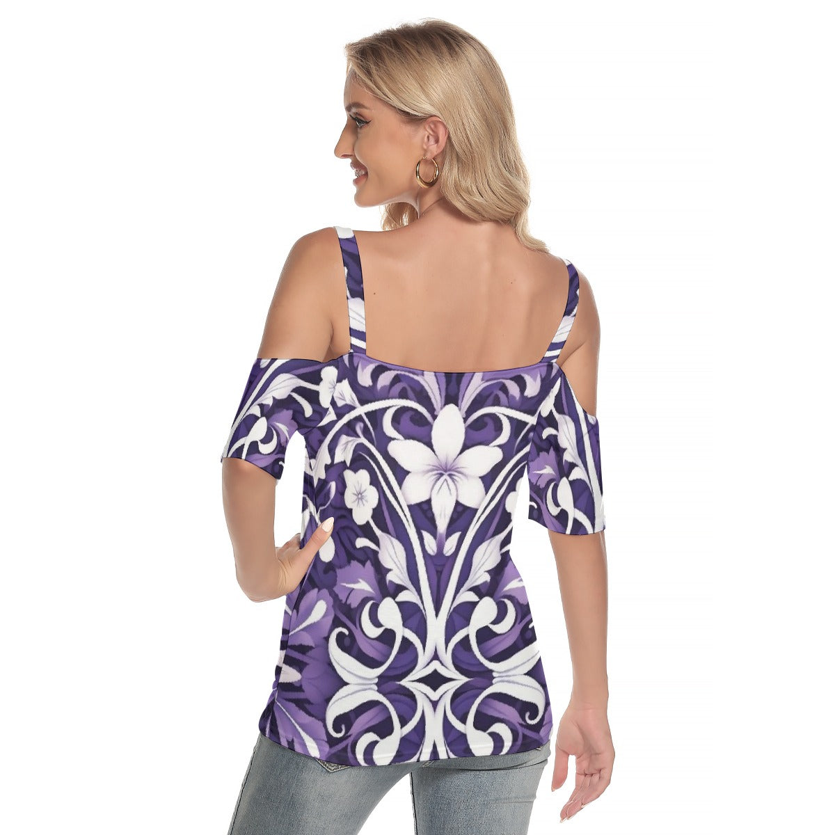 All-Over Print Women's Cold Shoulder T-shirt With Criss Cross Strips