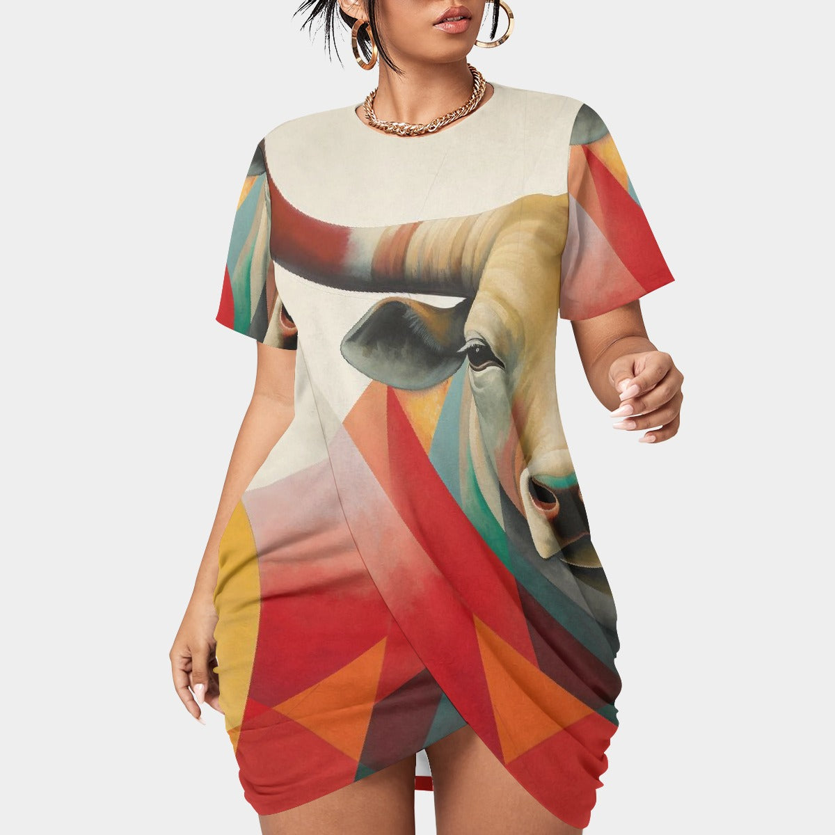 All-Over Print Women’s Stacked Hem Dress With Short Sleeve（Plus Size）