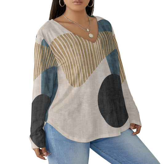 All-Over Print Women's V-neck T-shirt With Curved Hem(Plus Size)