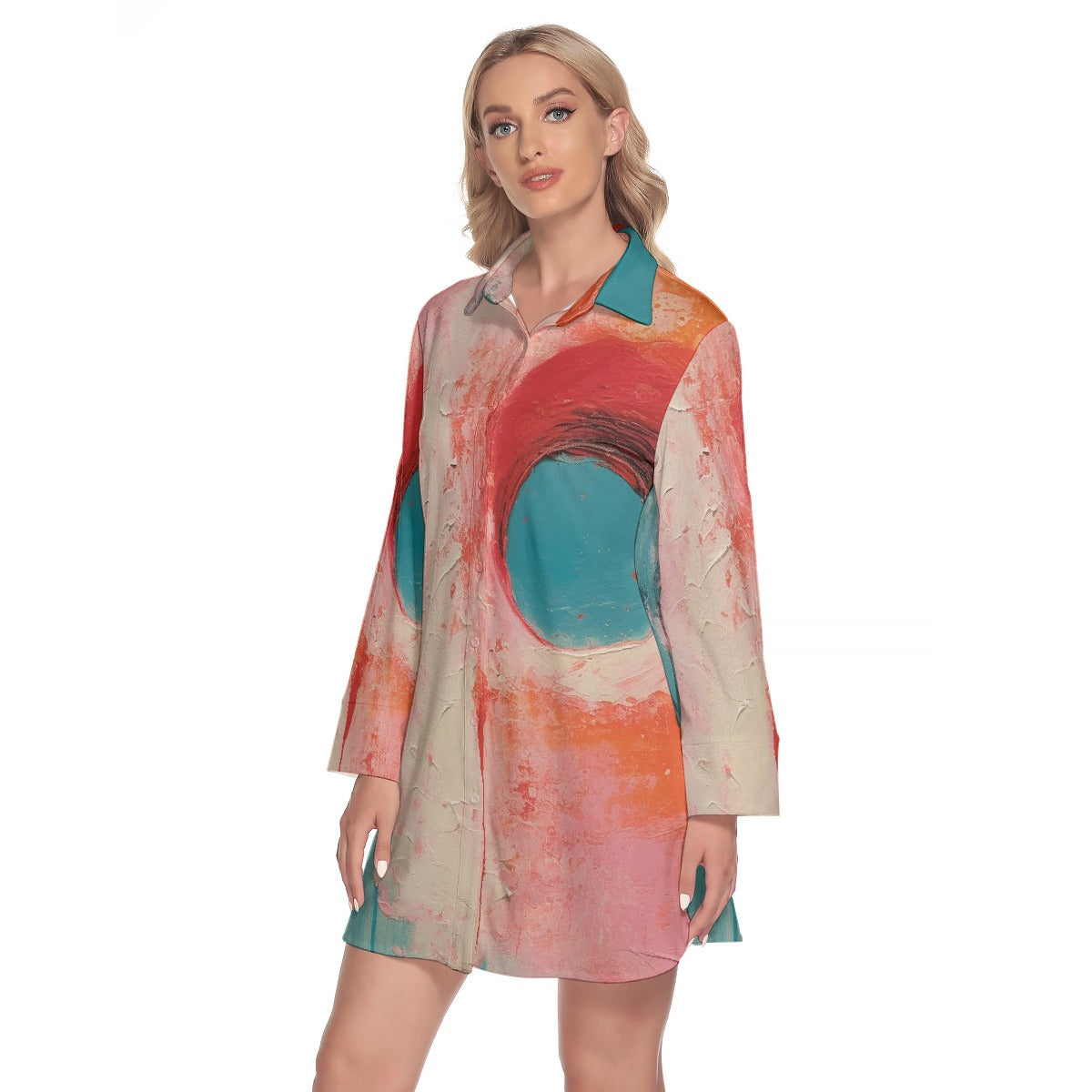 All-Over Print Women's Lapel Shirt Dress With Long Sleeve