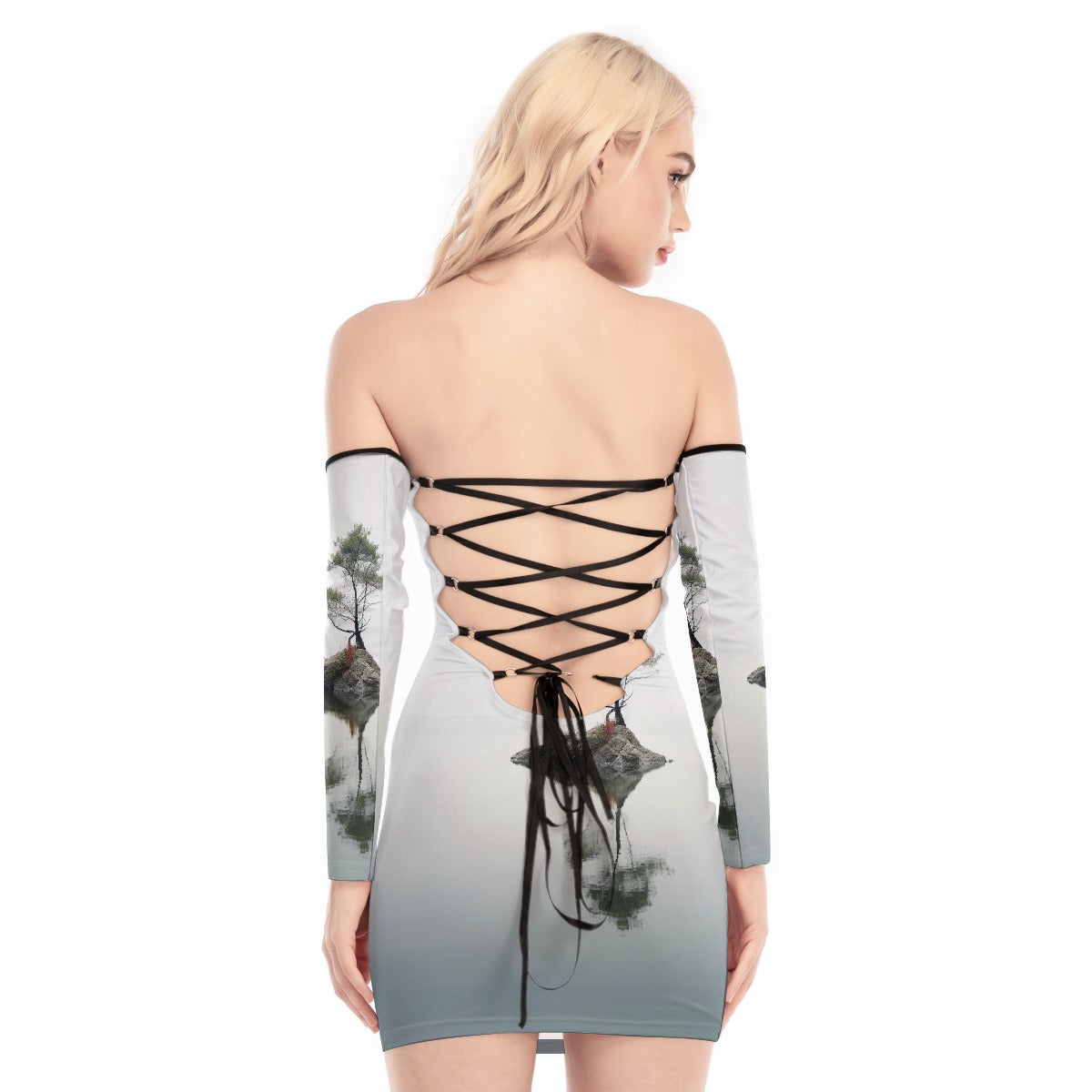 All-Over Print Women's Off-shoulder Back Lace-up Dress