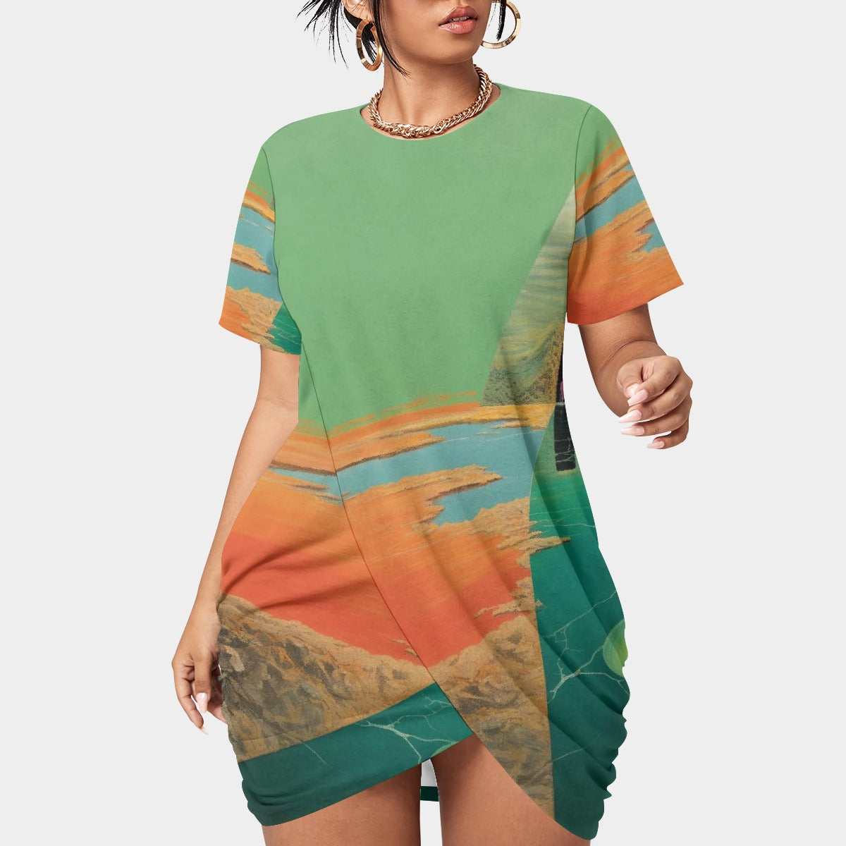 All-Over Print Women’s Stacked Hem Dress With Short Sleeve（Plus Size）