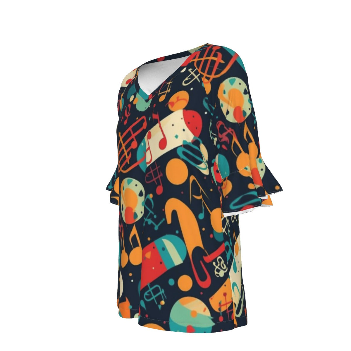 All-Over Print V-neck Women's T-shirt With Bell Sleeve