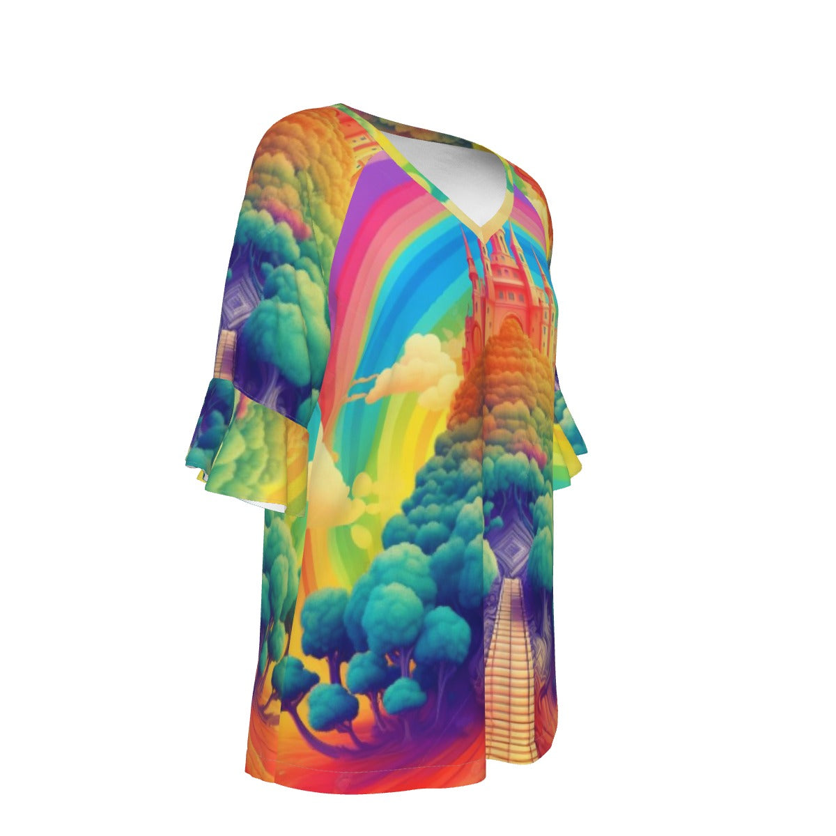 All-Over Print V-neck Women's T-shirt With Bell Sleeve